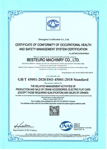 چین Bestaro Machinery Co.,Ltd گواهینامه ها